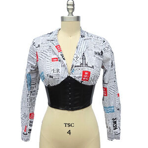 Vintage Y2K Corset Top Size XS Bustier Pin Up Newpaper Print Tabloid Pleather